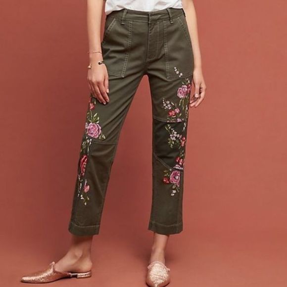 Anthropologie Floral Embroidered Pants - Olive Green with Pink and Red Accents - Picture 10 of 10